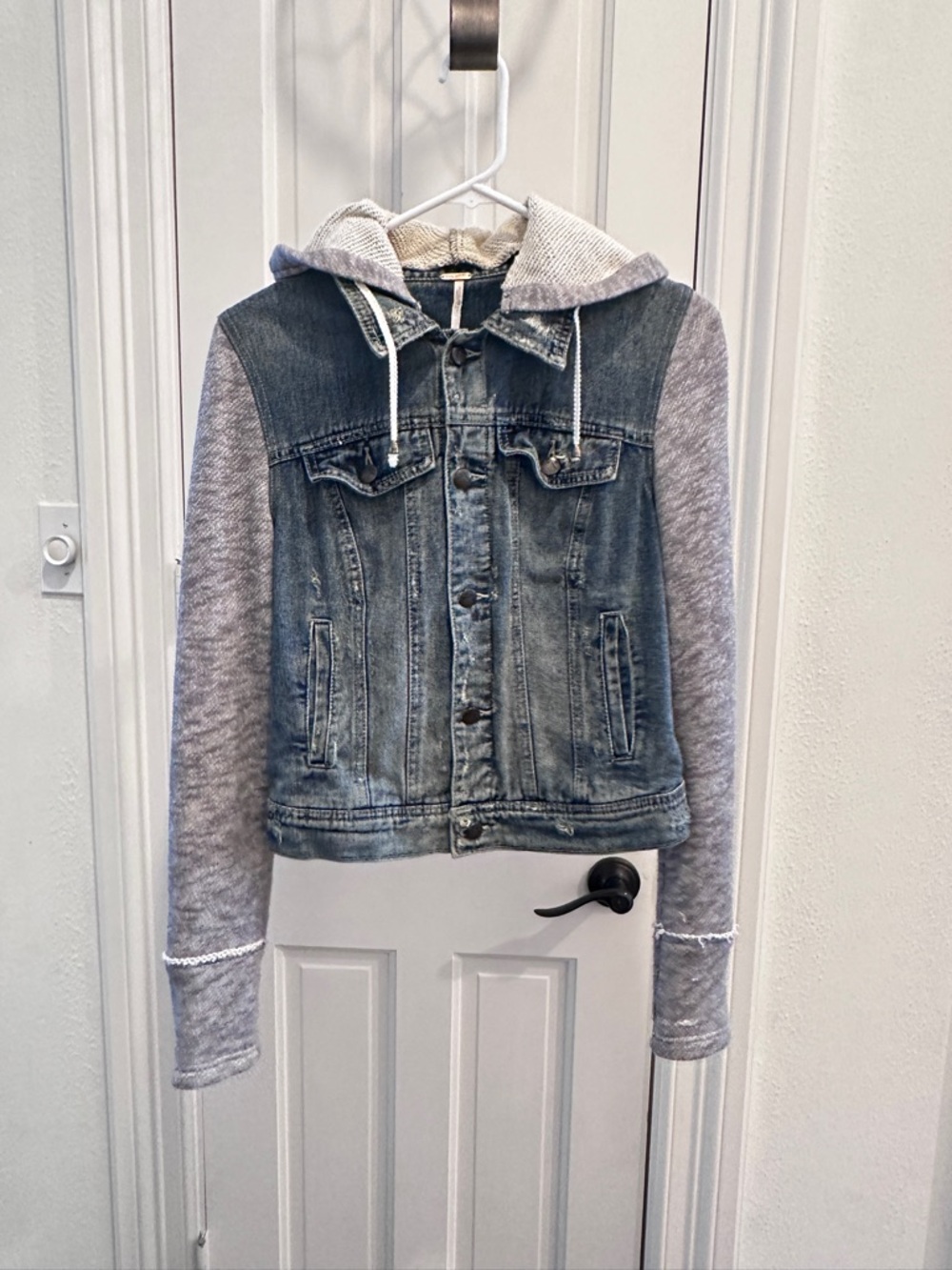 Free People Blue Denim Jacket with Gray Hoodie Sleeves